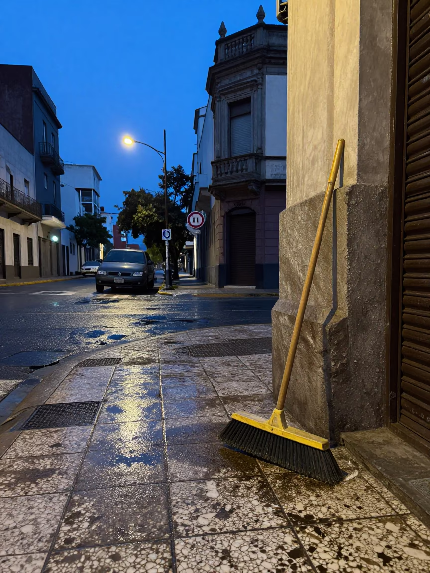 Blue Hour Street Scene in Buenos Aires with Hand Broom and Condensation on Cabinet in in Buenos Aires, Argentina