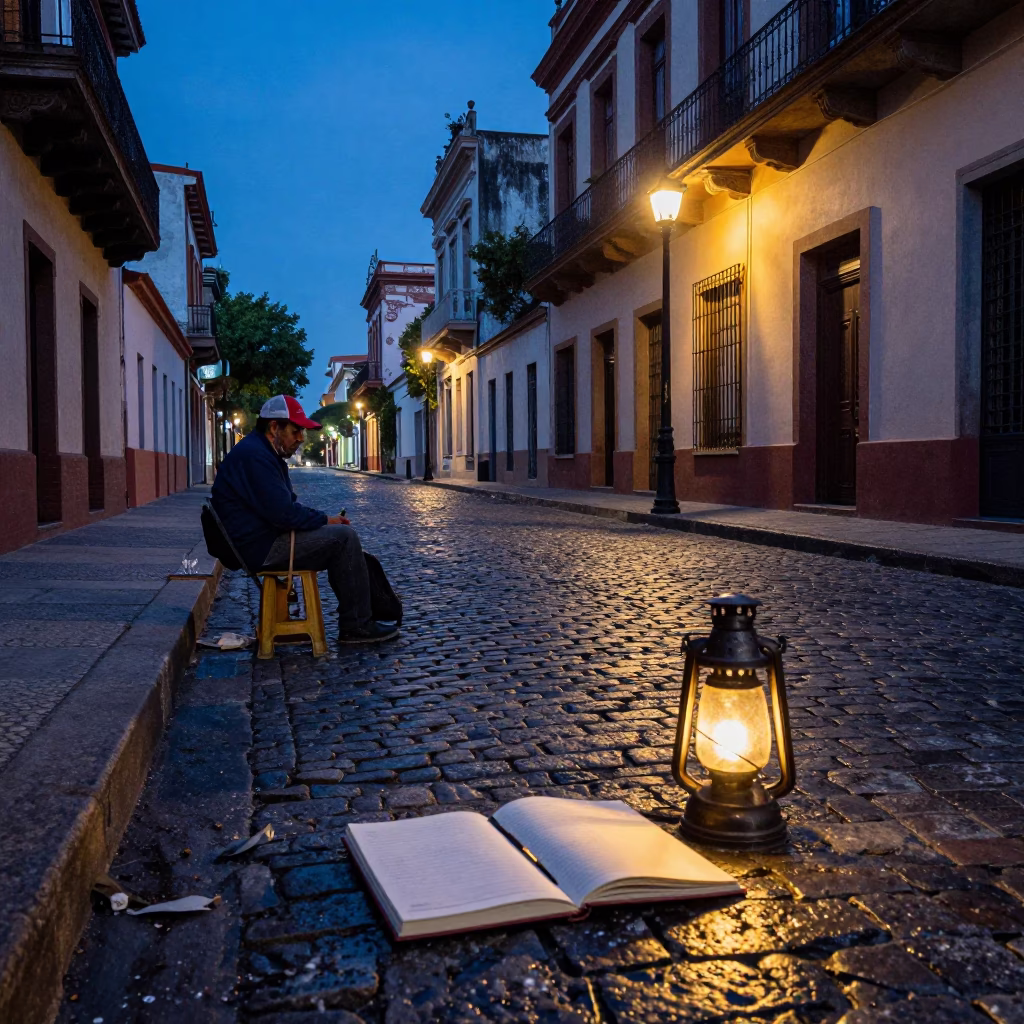 Blue Hour Street Scene in Buenos Aires with Notebook and Lantern on Cobblestone in in Buenos Aires, Argentina