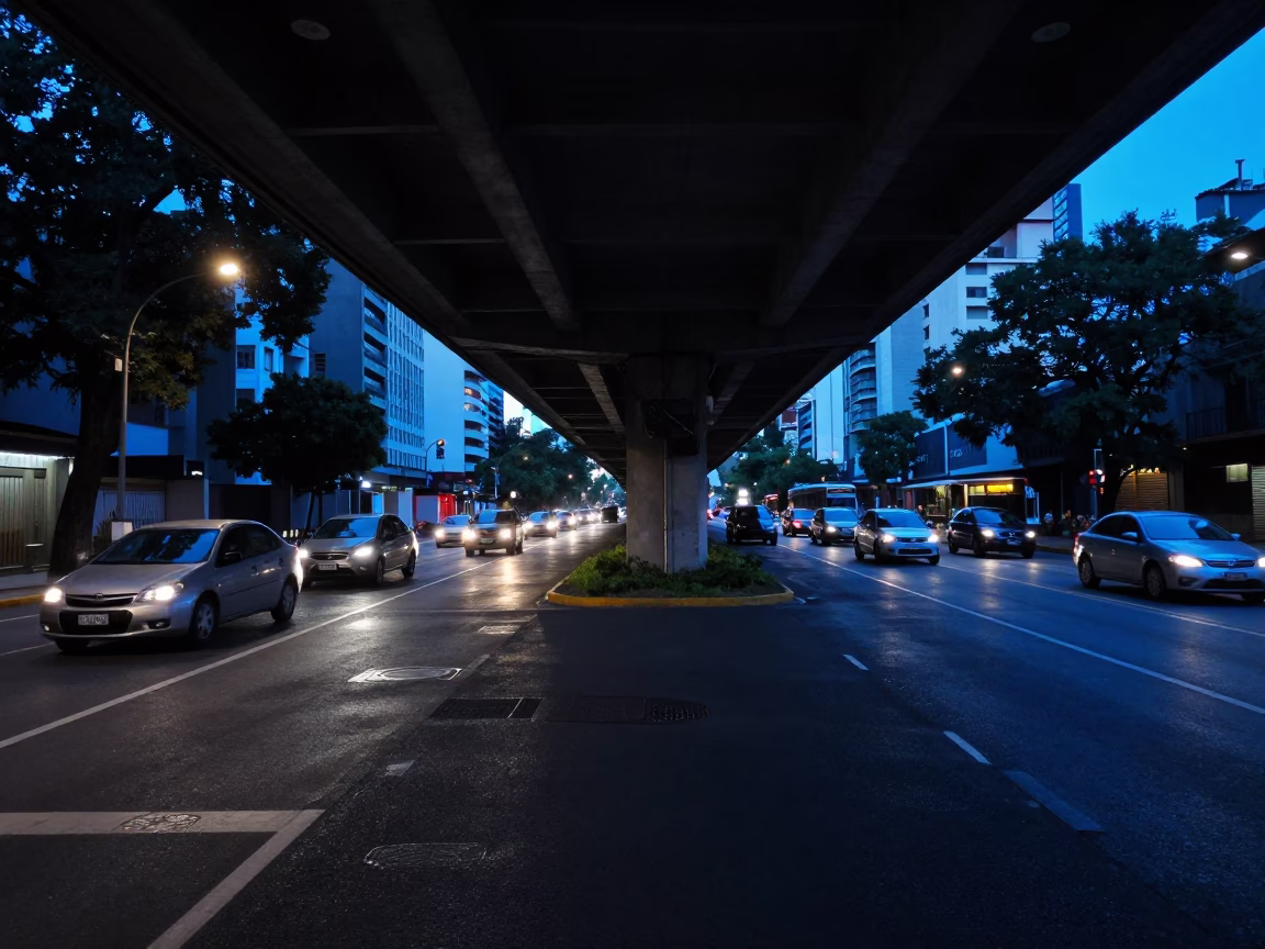 Blue Hour Street Scene in Buenos Aires with Traffic Shadows and Local Life in in Buenos Aires, Argentina
