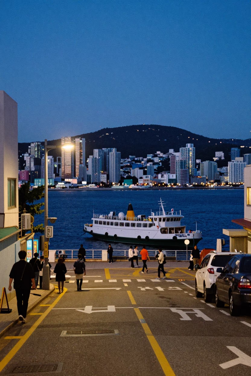 Blue Hour Street Scene in Busan South Korea with Ferry and Urban Details in in Busan, South Korea
