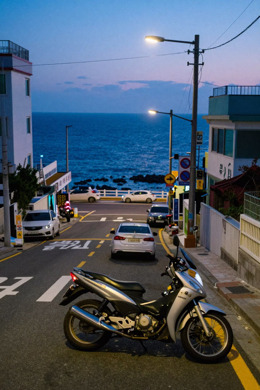 Blue Hour Street Scene in Busan South Korea with Motorcycle and Coastal Highway in in Busan, South Korea