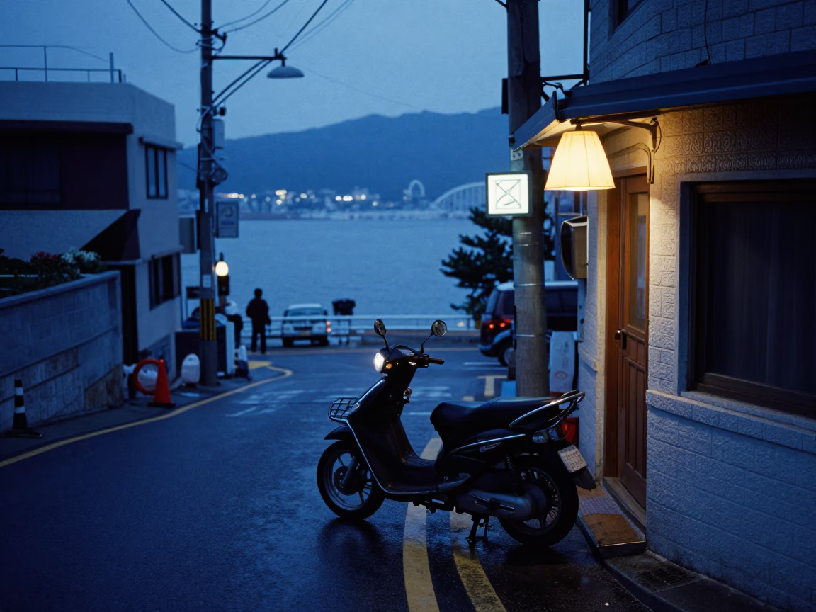 Blue Hour Street Scene in Busan South Korea with Motorcycle and Lampshade in in Busan, South Korea
