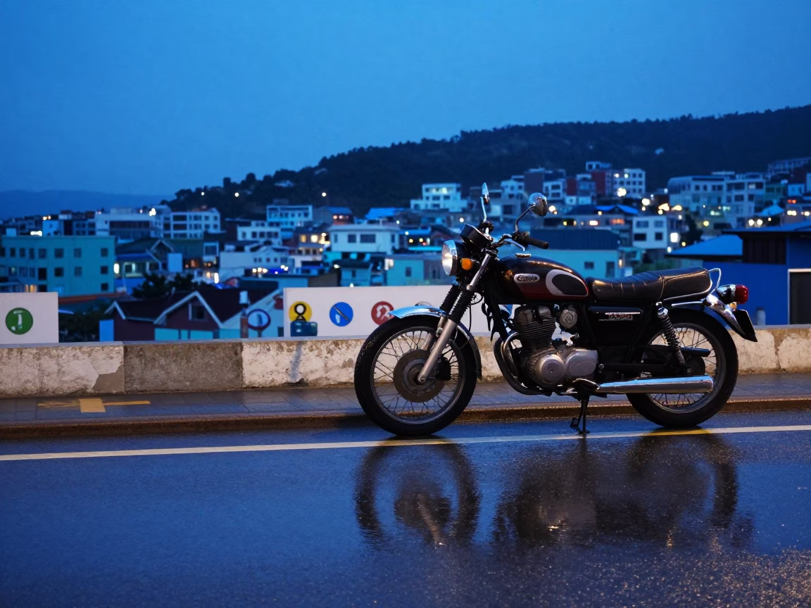Blue Hour Street Scene in Busan South Korea with Motorcycle and Puddle Reflections in in Busan, South Korea