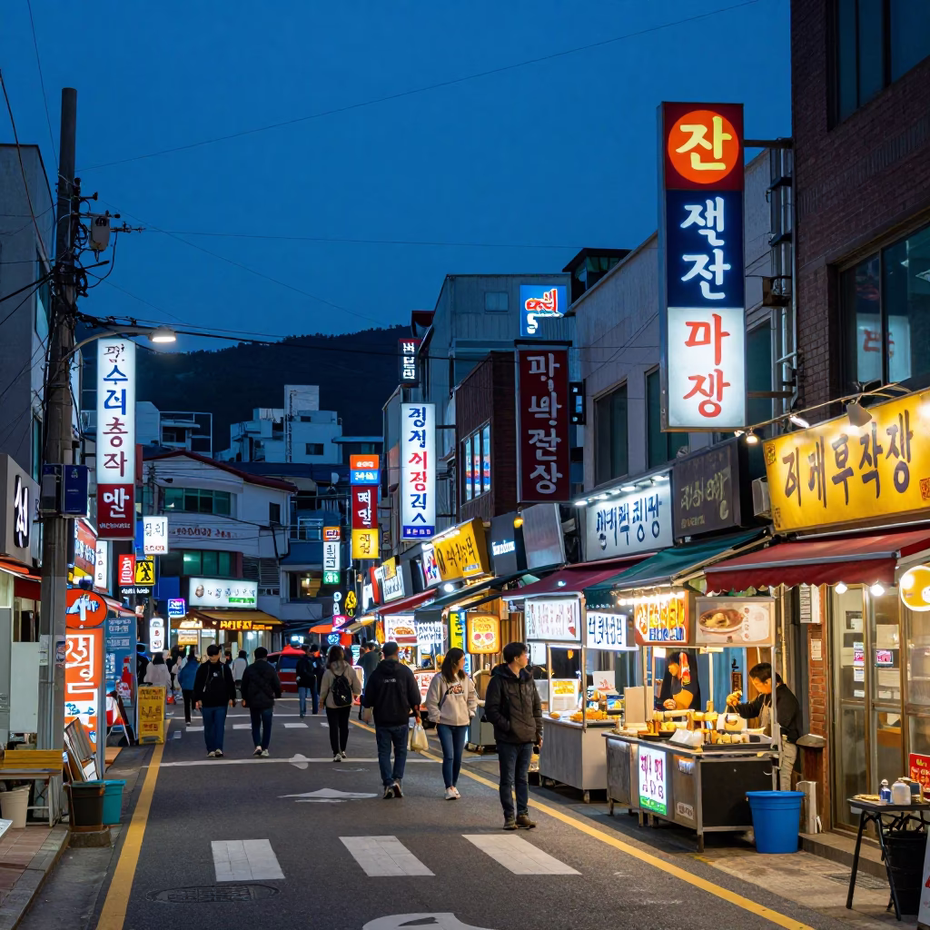 Blue Hour Street Scene in Busan South Korea with Neon Lights and Urban Activity in in Busan, South Korea