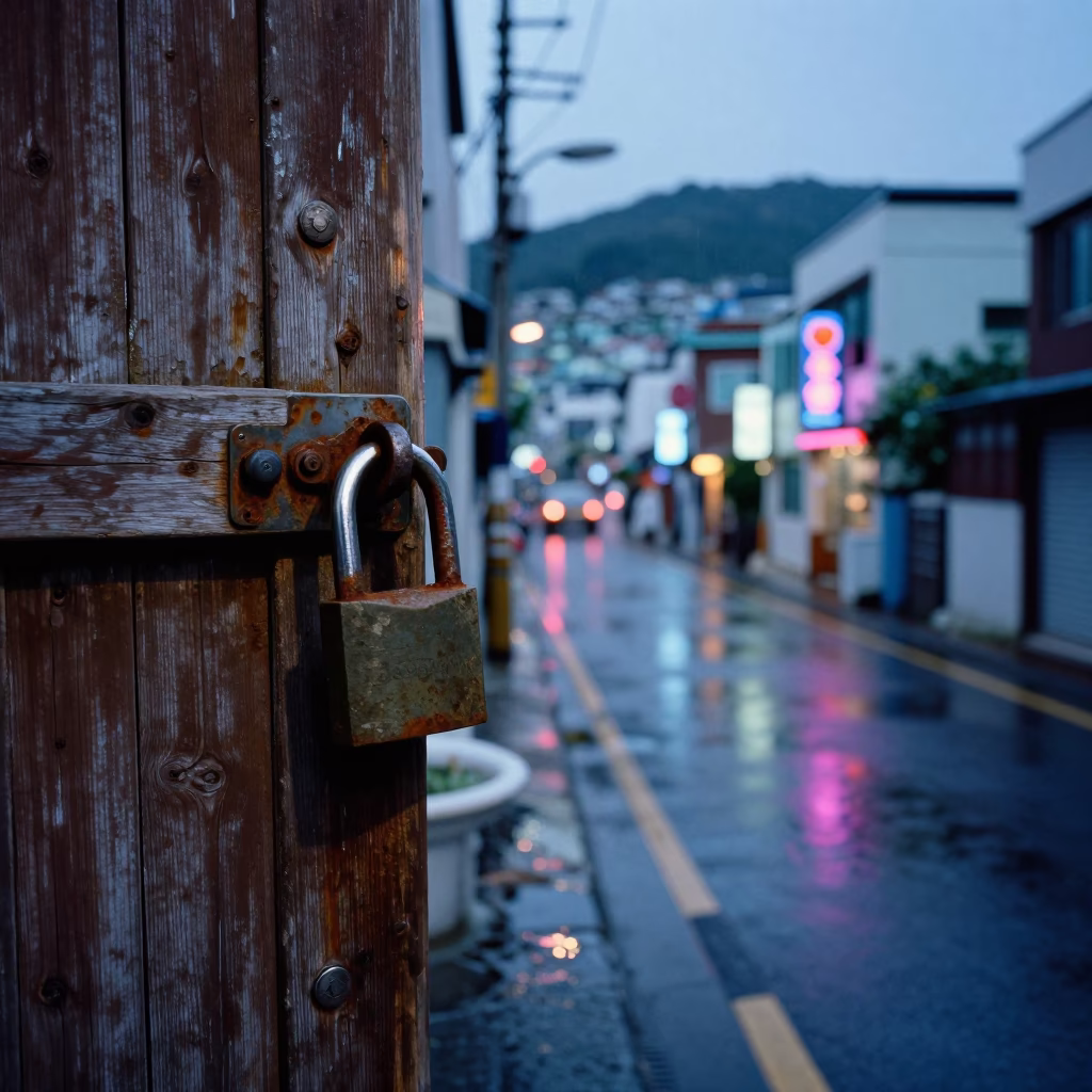Blue Hour Street Scene in Busan South Korea with Padlock and Rain in in Busan, South Korea