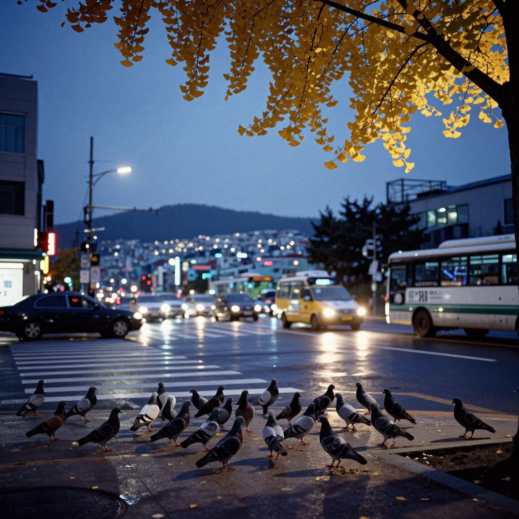 Blue Hour Street Scene in Busan South Korea with Pigeons and Ginkgo Leaves in in Busan, South Korea
