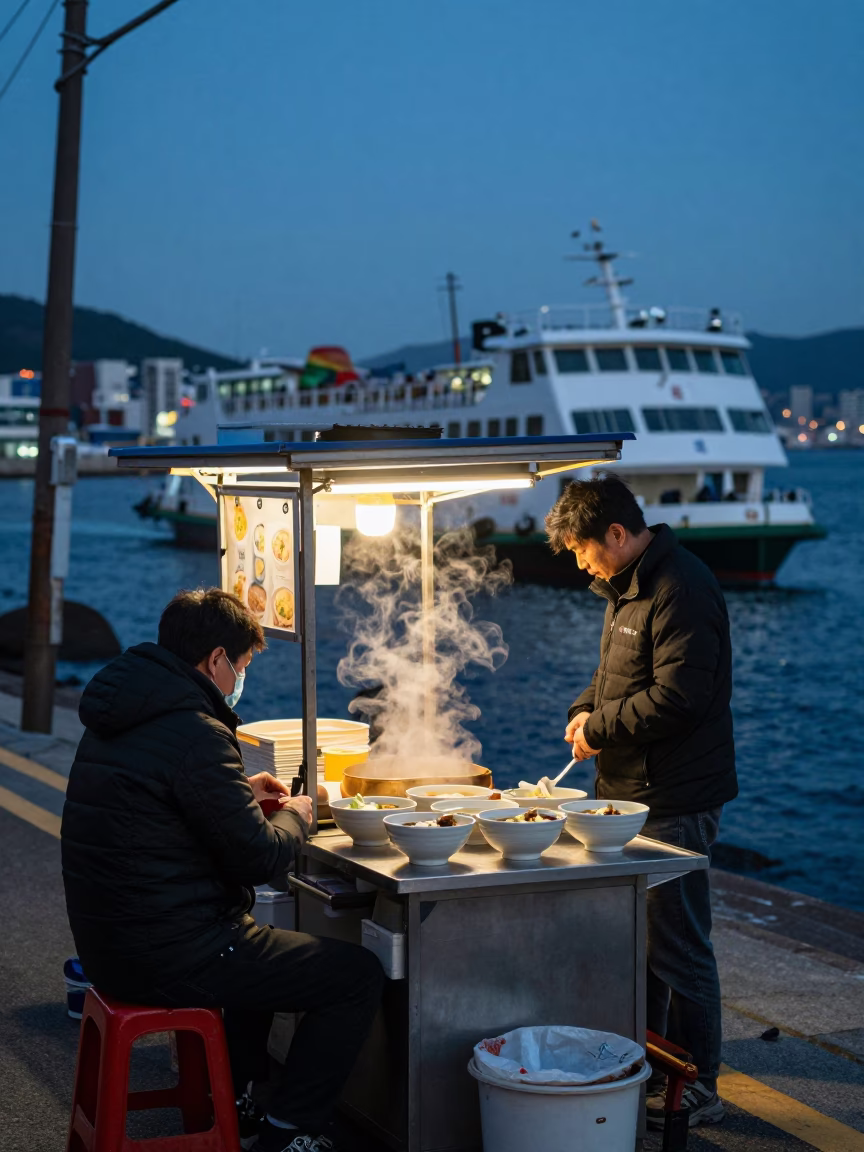 Blue Hour Street Scene in Busan South Korea with Soup Bowls and Ferry in in Busan, South Korea