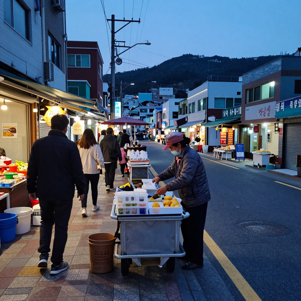 Blue Hour Street Scene in Busan South Korea with Vendor and Customers in in Busan, South Korea