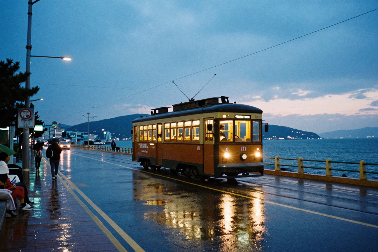 Blue Hour Street Scene in Busan South Korea with Vintage Trams and Coastal Rain in in Busan, South Korea