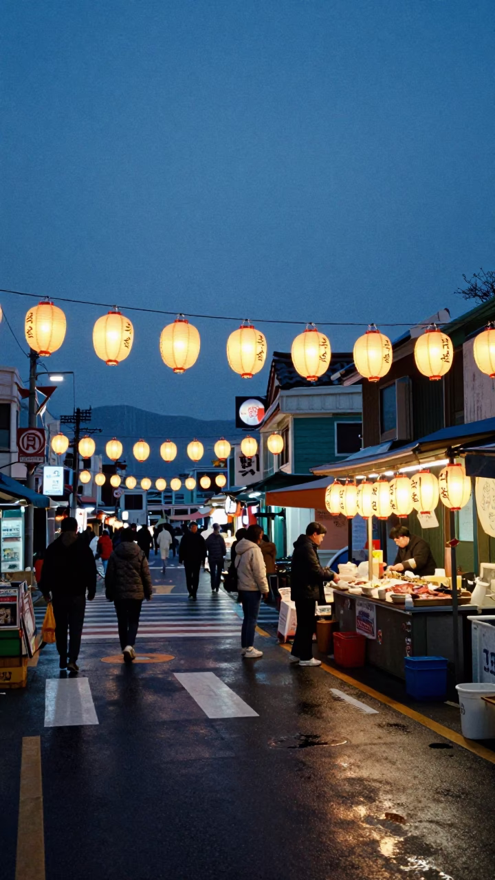 Blue Hour Street Scene in Busan With Paper Lanterns and Local Life in in Busan, South Korea