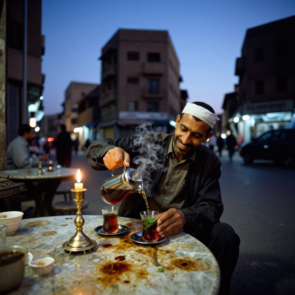 Blue Hour Street Scene in Cairo Egypt with Tea Stains and Candlestick in in Cairo, Egypt