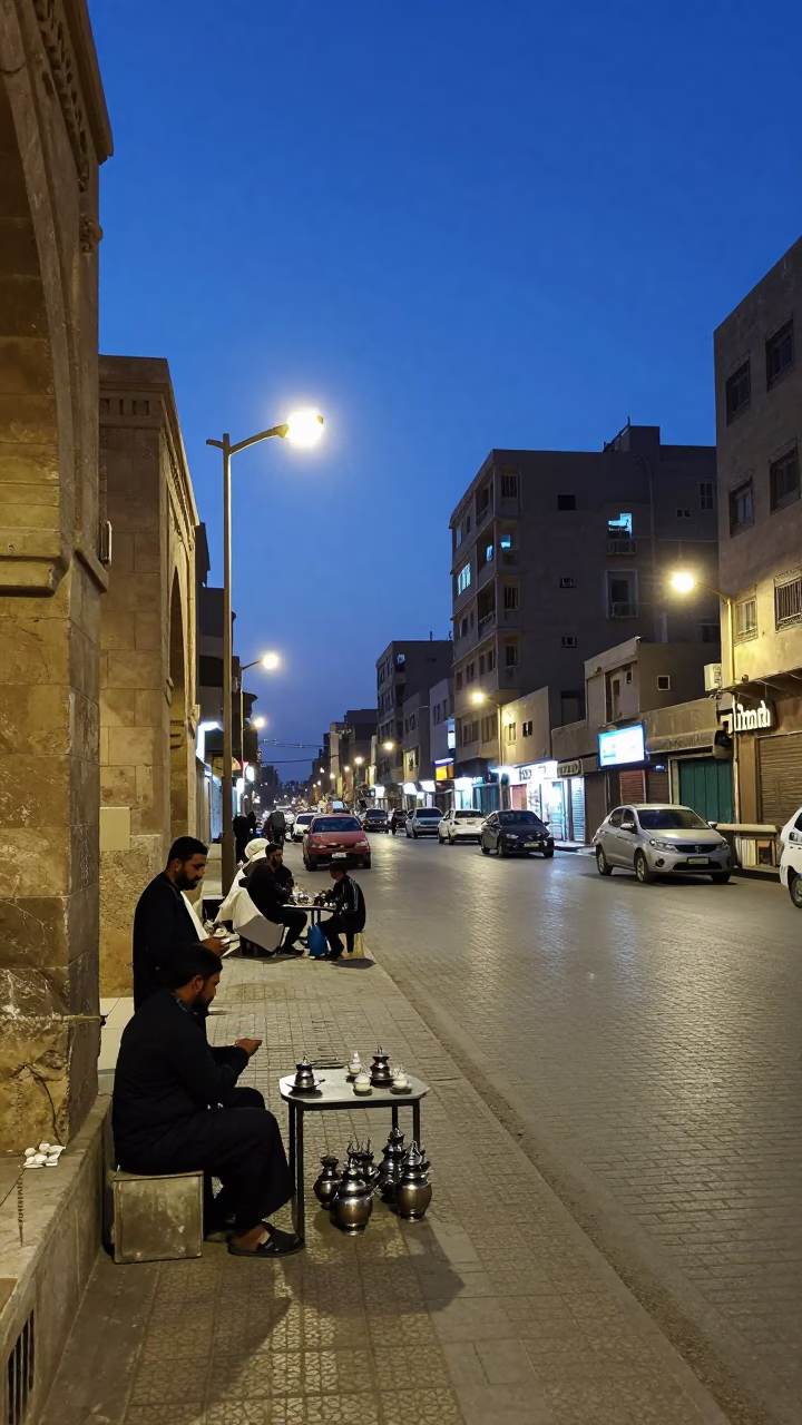 Blue Hour Street Scene in Cairo Egypt with Traditional Tea Service and Urban Architecture in in Cairo, Egypt