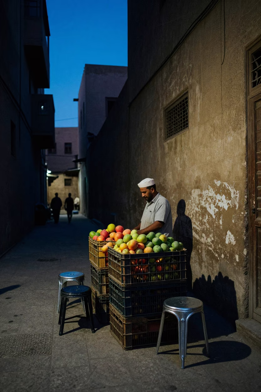 Blue Hour Street Scene in Cairo With Fruit Crate and Metal Stools in in Cairo, Egypt