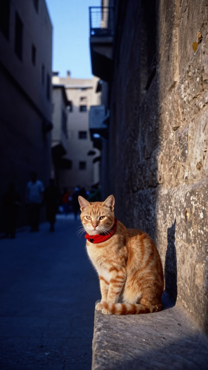 Blue Hour Street Scene in Cairo With Orange Cat and Scarf Detail in in Cairo, Egypt