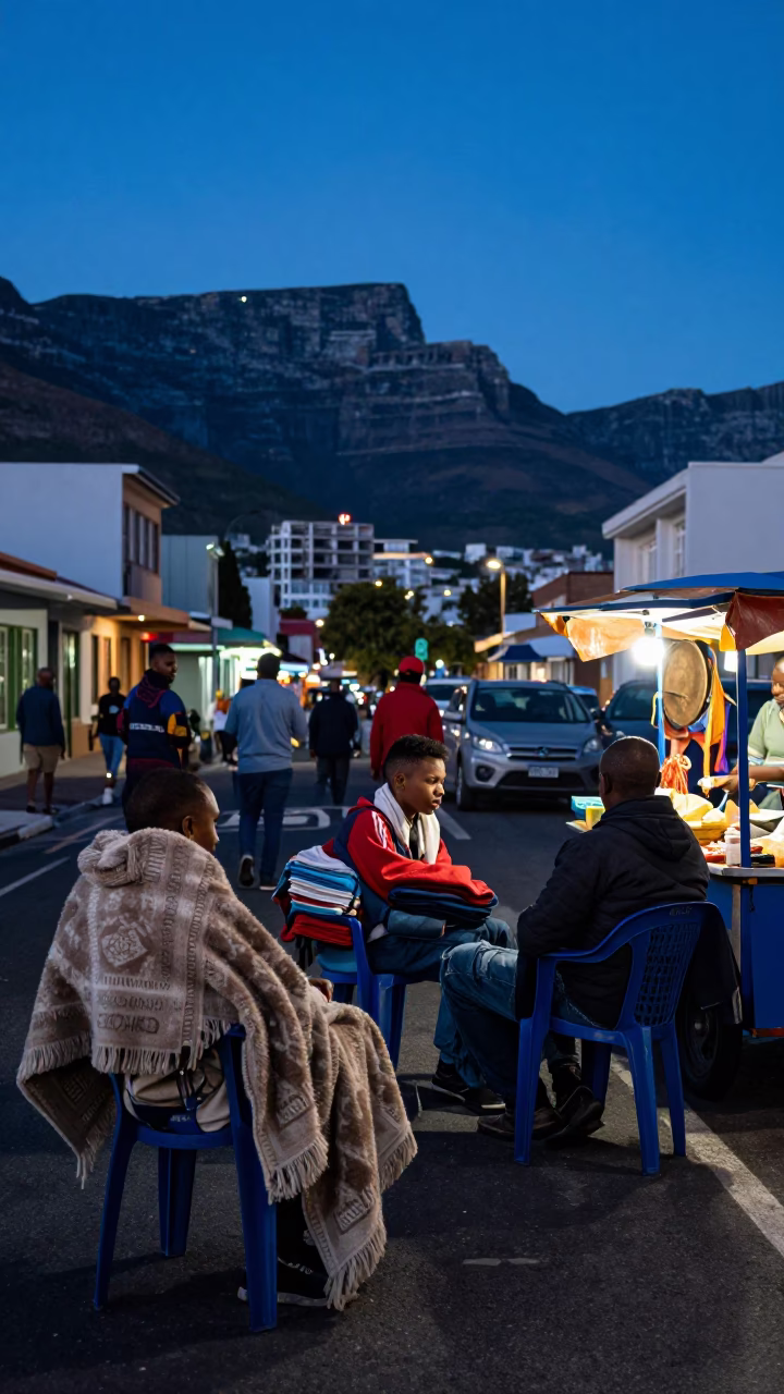 Blue hour street scene in Cape Town with blankets and local details in in Cape Town, South Africa