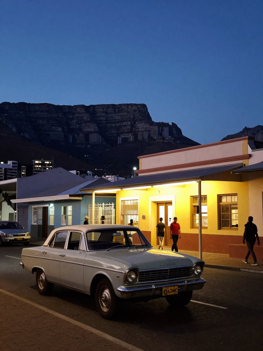 Blue Hour Street Scene in Cape Town with Vintage 1970s Car and Local Diner in in Cape Town, South Africa