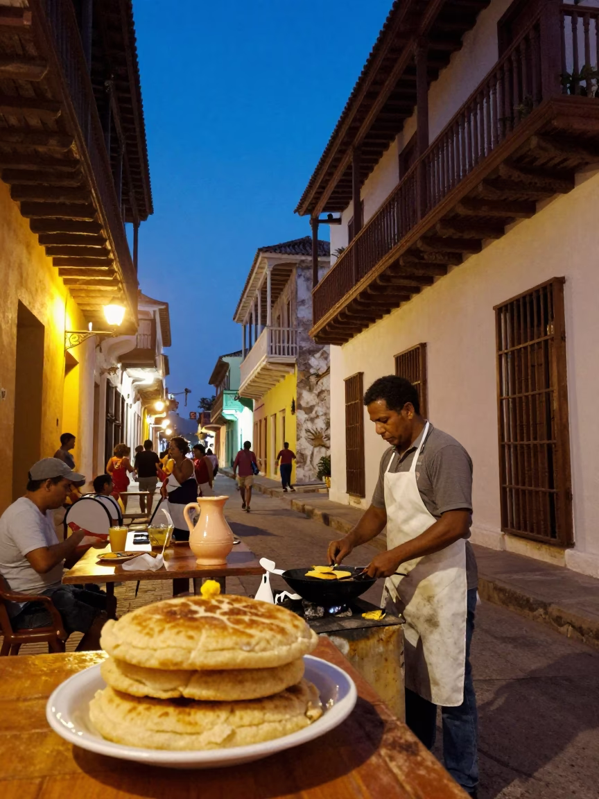 Blue Hour Street Scene in Cartagena Colombia with Arepas and Ceramic Pitcher in in Cartagena, Colombia