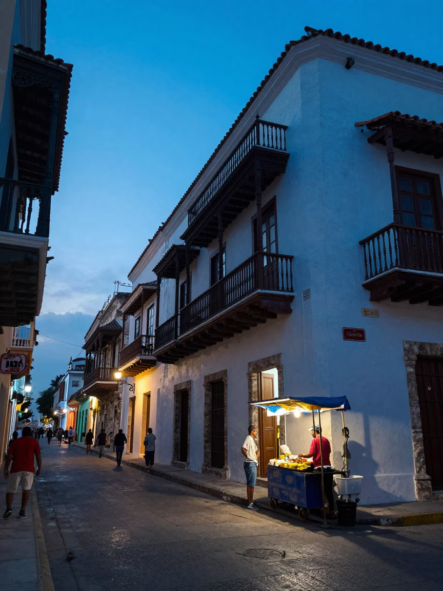 Blue Hour Street Scene in Cartagena Colombia with Balconies and Street Food in in Cartagena, Colombia