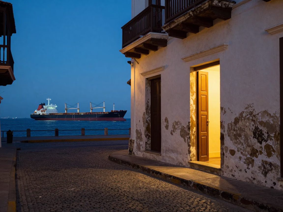 Blue Hour Street Scene in Cartagena Colombia with Cargo Ship Horizon in in Cartagena, Colombia