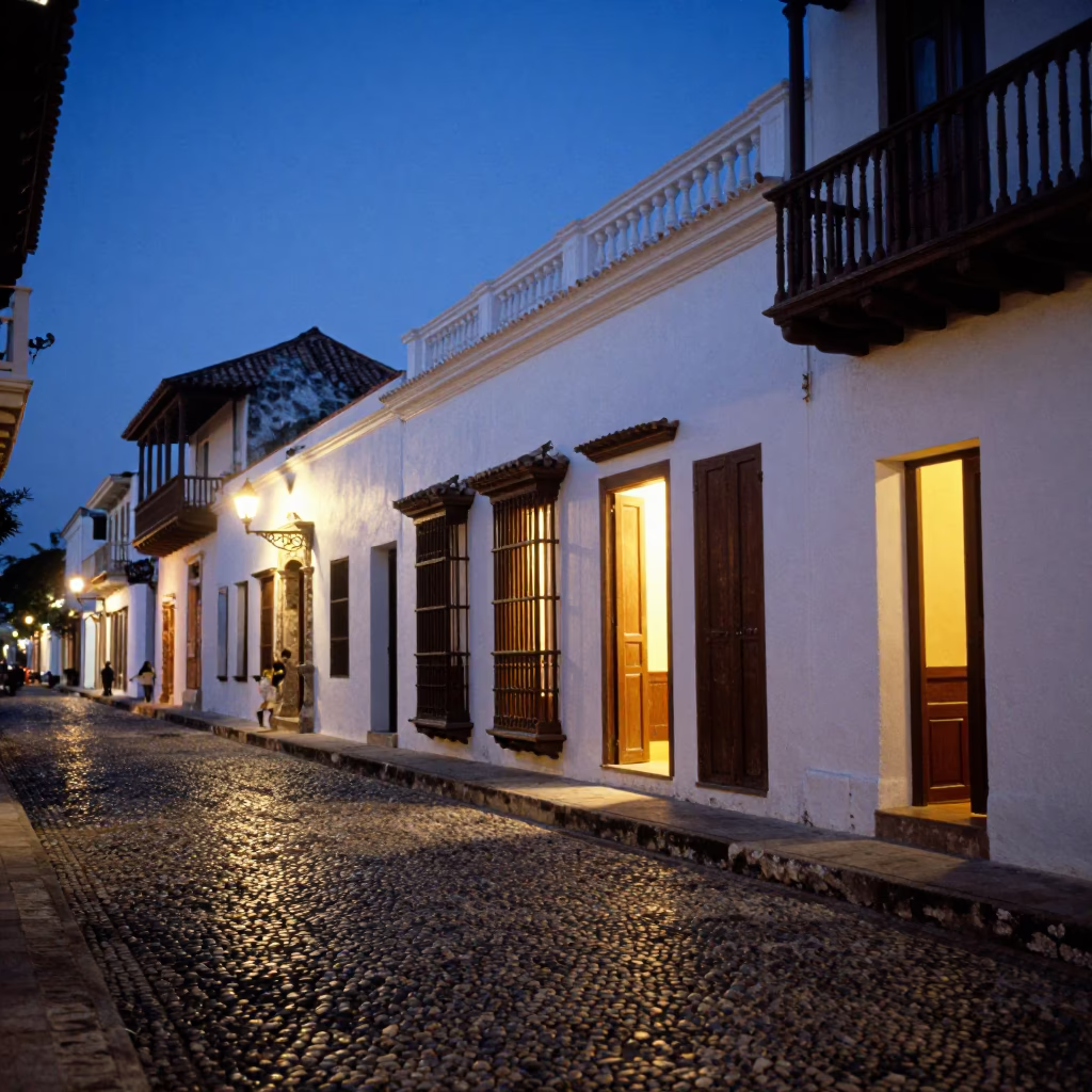 Blue Hour Street Scene in Cartagena Colombia with Cobblestones and Colonial Architecture in in Cartagena, Colombia