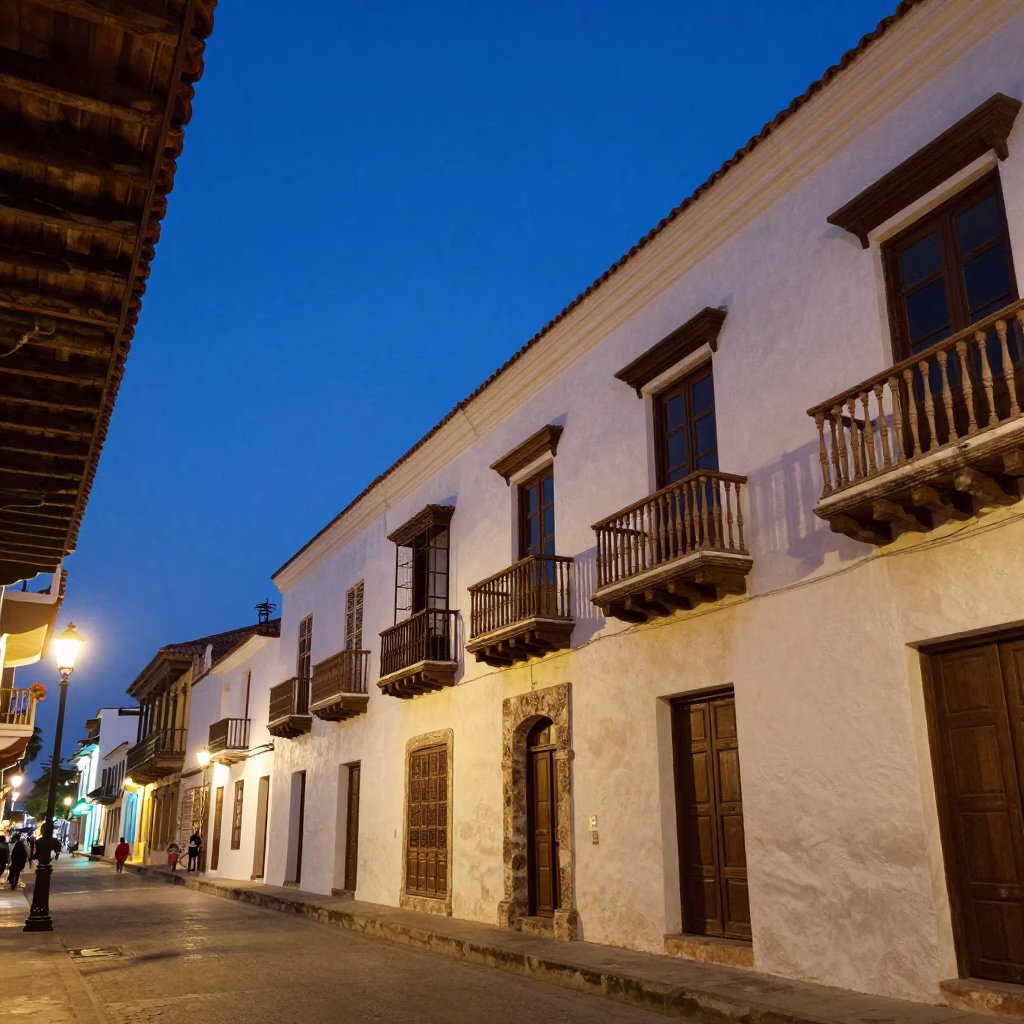 Blue Hour Street Scene in Cartagena Colombia with Colonial Balconies and Vintage Elements in in Cartagena, Colombia