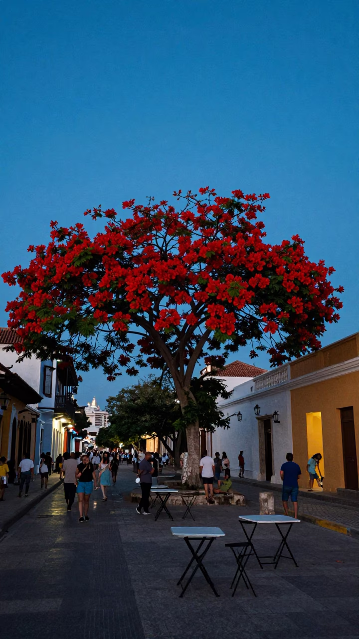 Blue Hour Street Scene in Cartagena Colombia with Flame Tree and Folding Tables in in Cartagena, Colombia