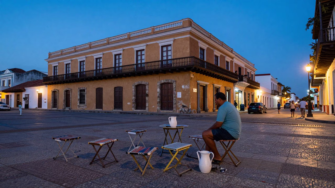 Blue Hour Street Scene in Cartagena Colombia with Folding Stools and Pitcher in in Cartagena, Colombia