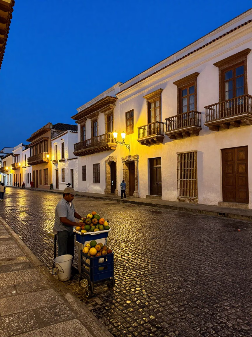 Blue Hour Street Scene in Cartagena Colombia with Fruit Vendor and Cobblestone Plaza in in Cartagena, Colombia
