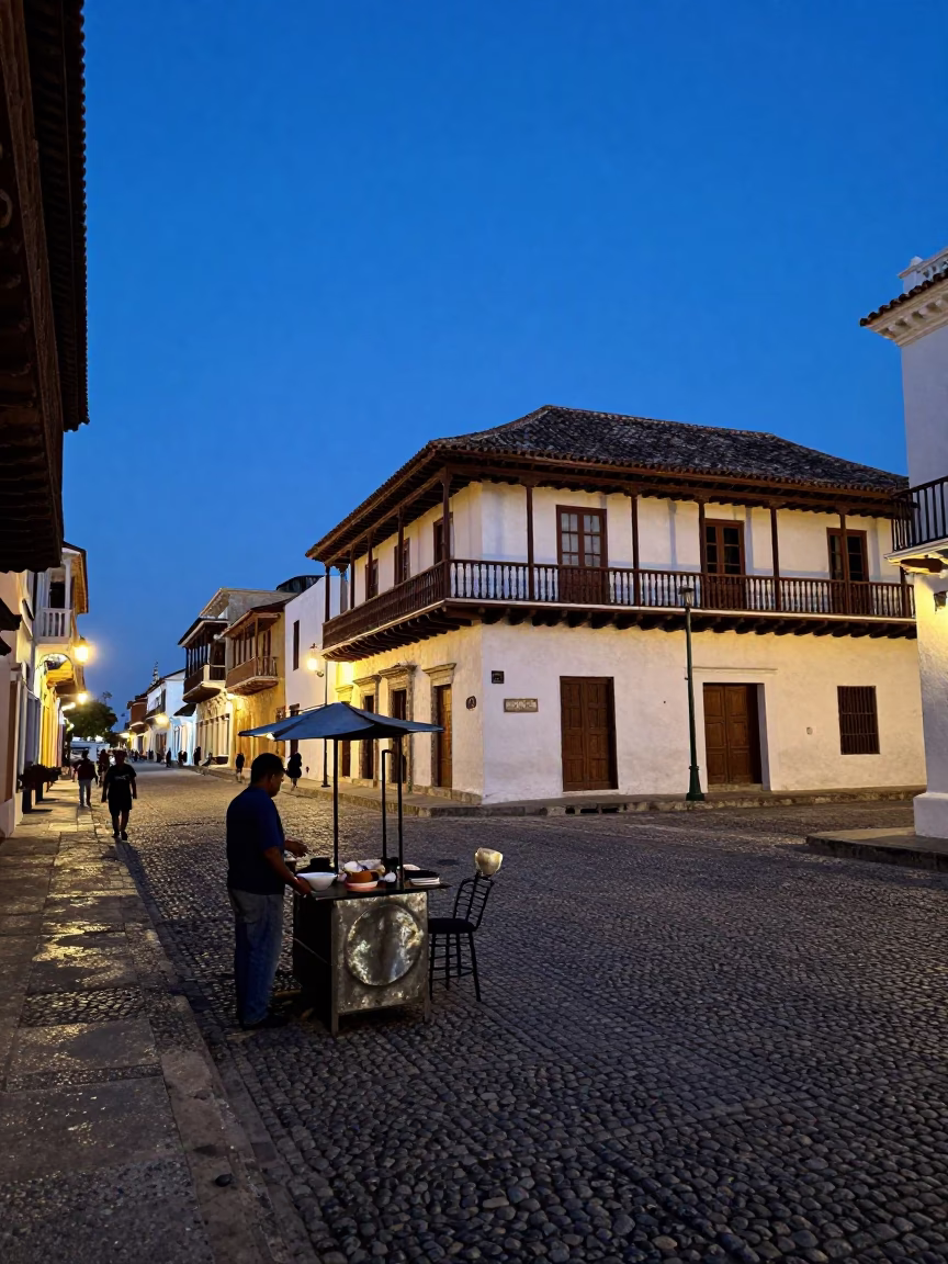Blue Hour Street Scene in Cartagena Colombia with Hammered Metal in in Cartagena, Colombia