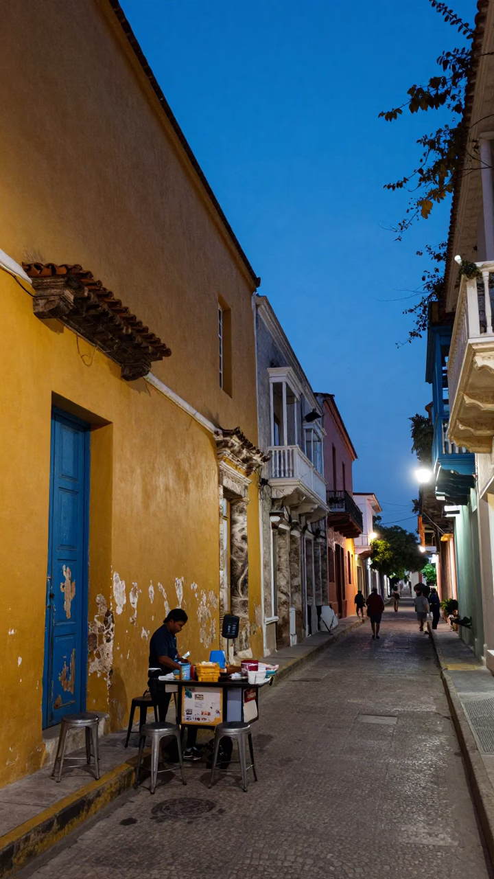 Blue Hour Street Scene in Cartagena Colombia with Metal Stools and Evening Activity in in Cartagena, Colombia