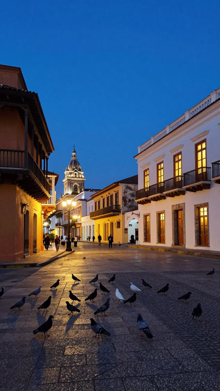 Blue Hour Street Scene in Cartagena Colombia with Pigeons and Colonial Architecture in in Cartagena, Colombia