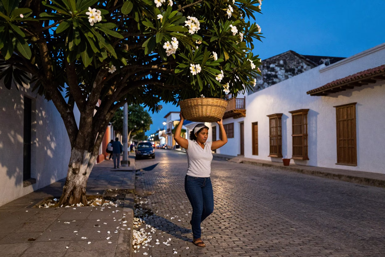 Blue Hour Street Scene in Cartagena Colombia with Plumeria Tree and Basket in in Cartagena, Colombia