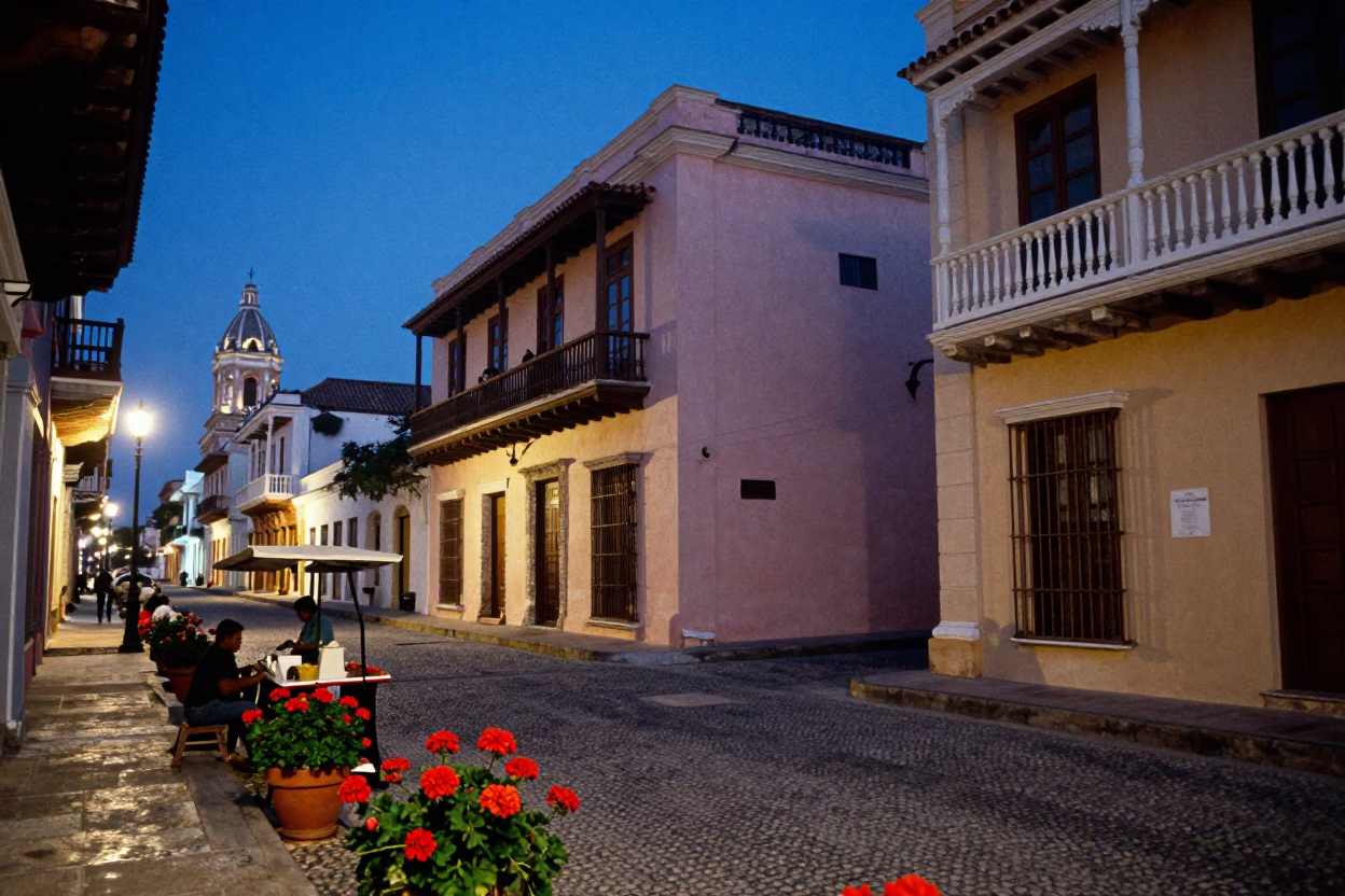 Blue Hour Street Scene in Cartagena Colombia with Potted Geraniums and Colonial Architecture in in Cartagena, Colombia