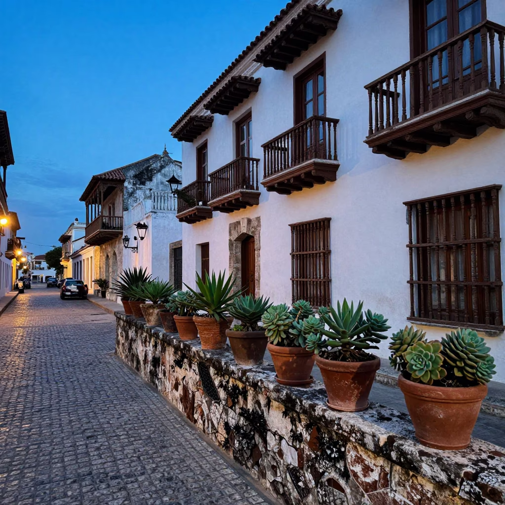 Blue Hour Street Scene in Cartagena Colombia with Succulents and Colonial Architecture in in Cartagena, Colombia
