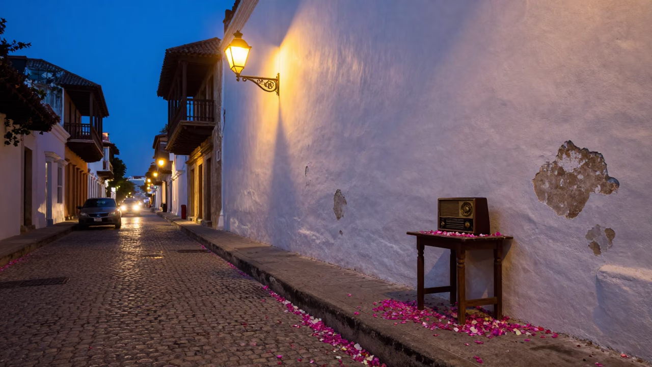 Blue Hour Street Scene in Cartagena Colombia with Vintage Radio and Fallen Petals in in Cartagena, Colombia