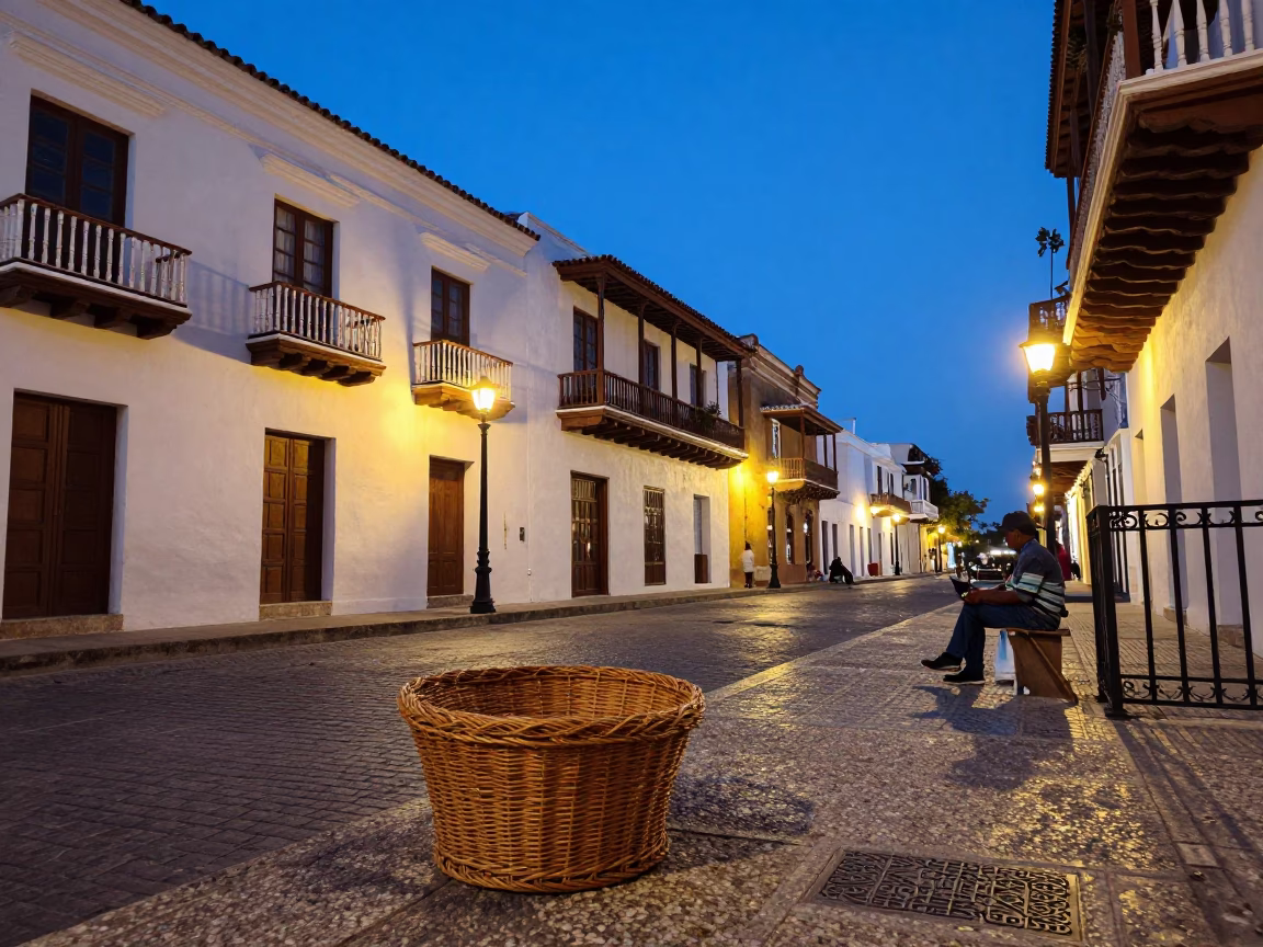 Blue Hour Street Scene in Cartagena Colombia with Wicker Hamper and Evening Light in in Cartagena, Colombia