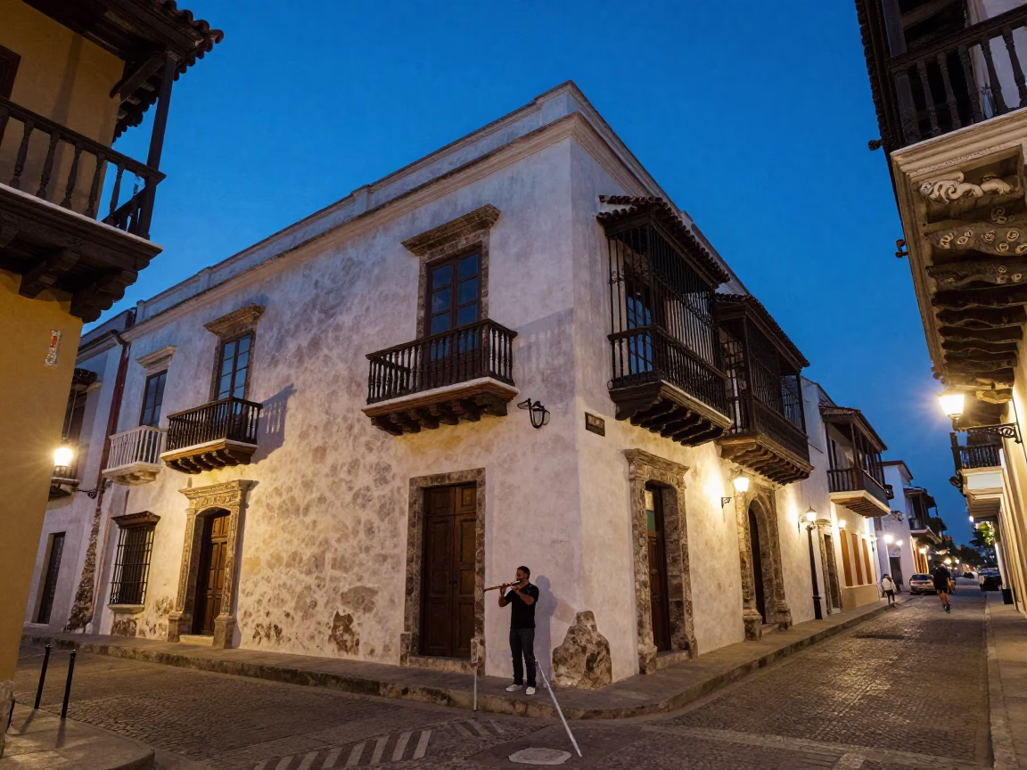 Blue Hour Street Scene in Cartagena Colombia with Wooden Flute Player in in Cartagena, Colombia