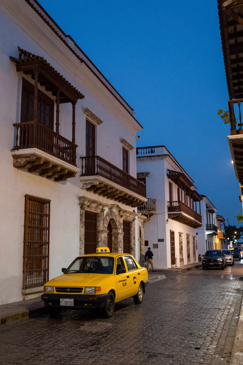 Blue Hour Street Scene in Cartagena Colombia with Yellow Taxi and Historic Architecture in in Cartagena, Colombia