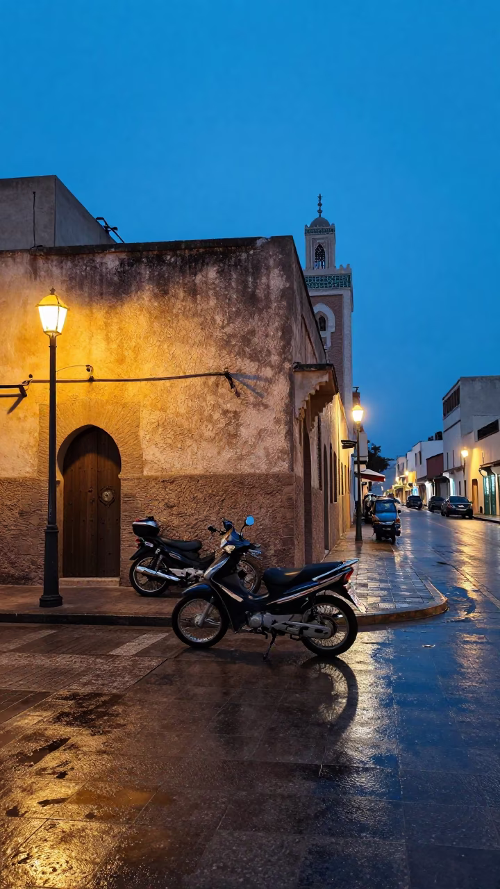 Blue Hour Street Scene in Casablanca Morocco with Motorcycle and Urban Details in in Casablanca, Morocco