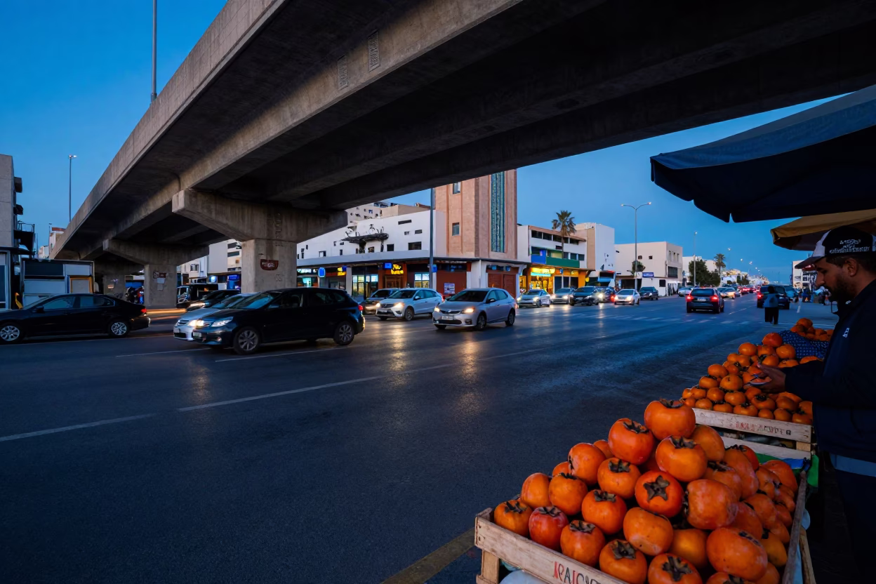 Blue Hour Street Scene in Casablanca Morocco with Traffic Shadows and Urban Life in in Casablanca, Morocco