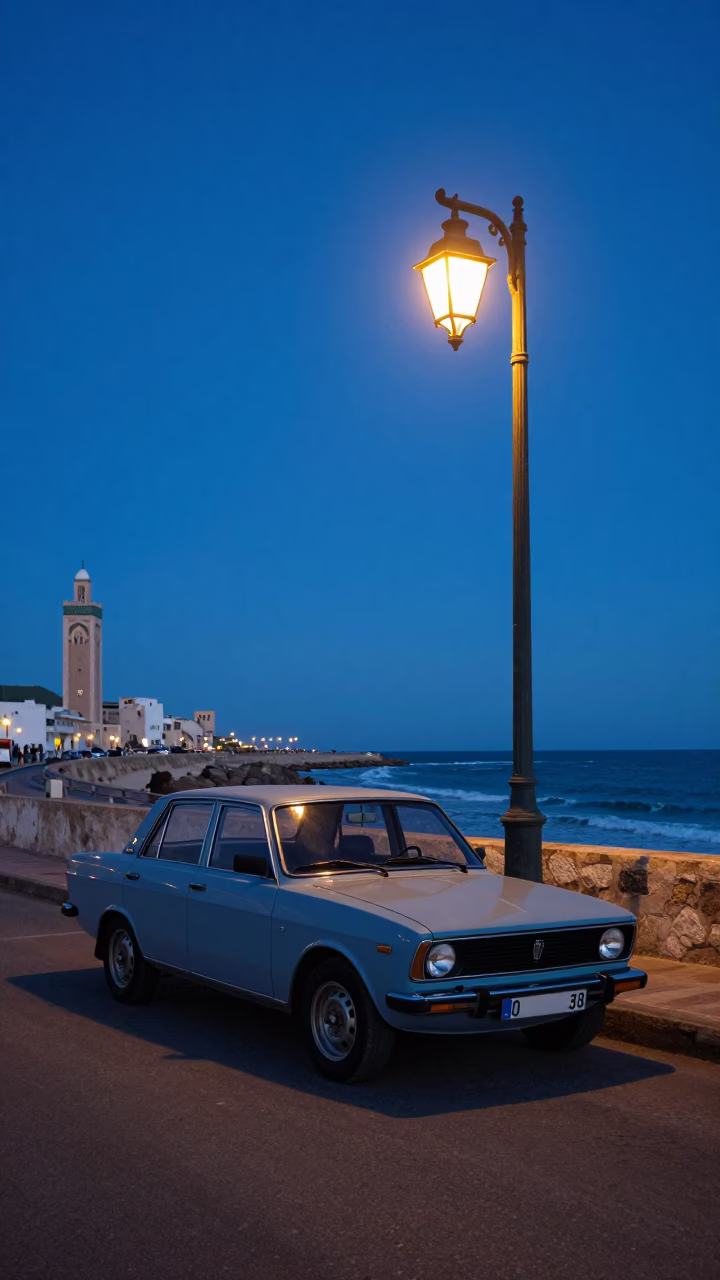 Blue Hour Street Scene in Casablanca Morocco with Vintage Car and Oil Lamp in in Casablanca, Morocco