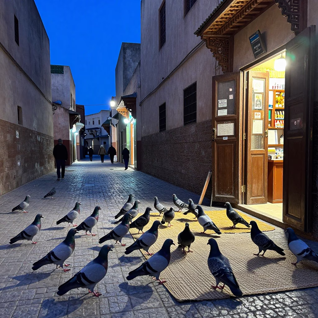 Blue Hour Street Scene in Casablanca With Pigeons And Woven Mats in in Casablanca, Morocco