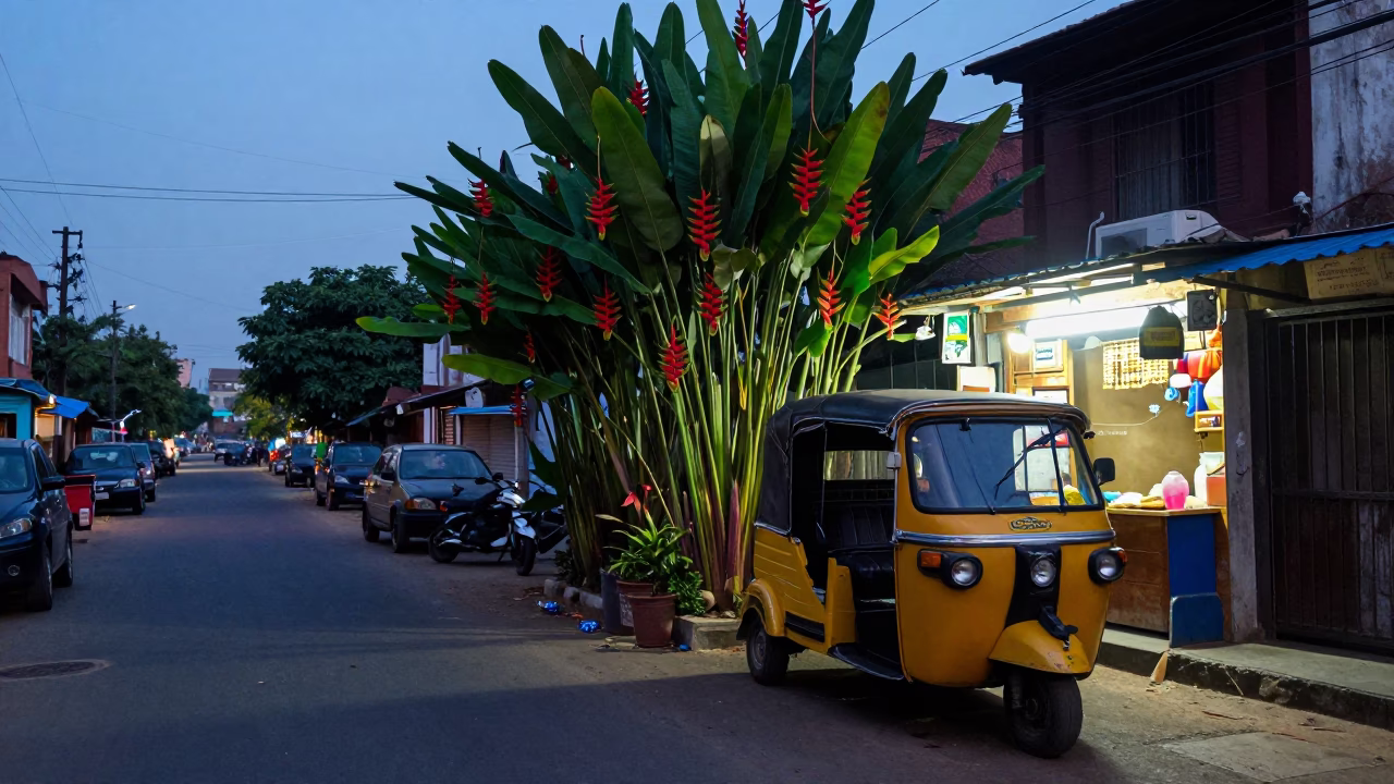 Blue Hour Street Scene in Chennai India Heliconia Plants and Daily Life in in Chennai, India