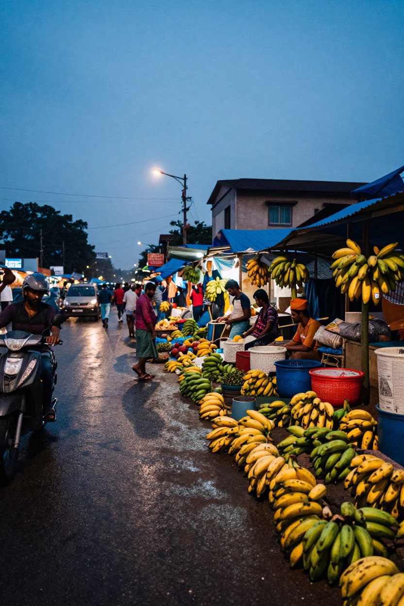 Blue Hour Street Scene in Chennai India with Bananas and Local Market Activity in in Chennai, India