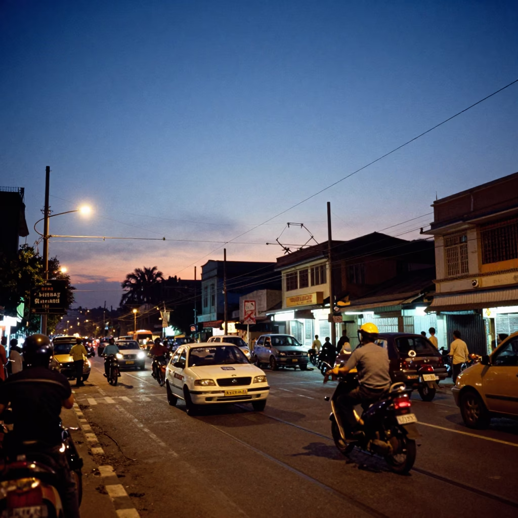 Blue Hour Street Scene in Chennai India with Rail Catenary and Local Life in in Chennai, India