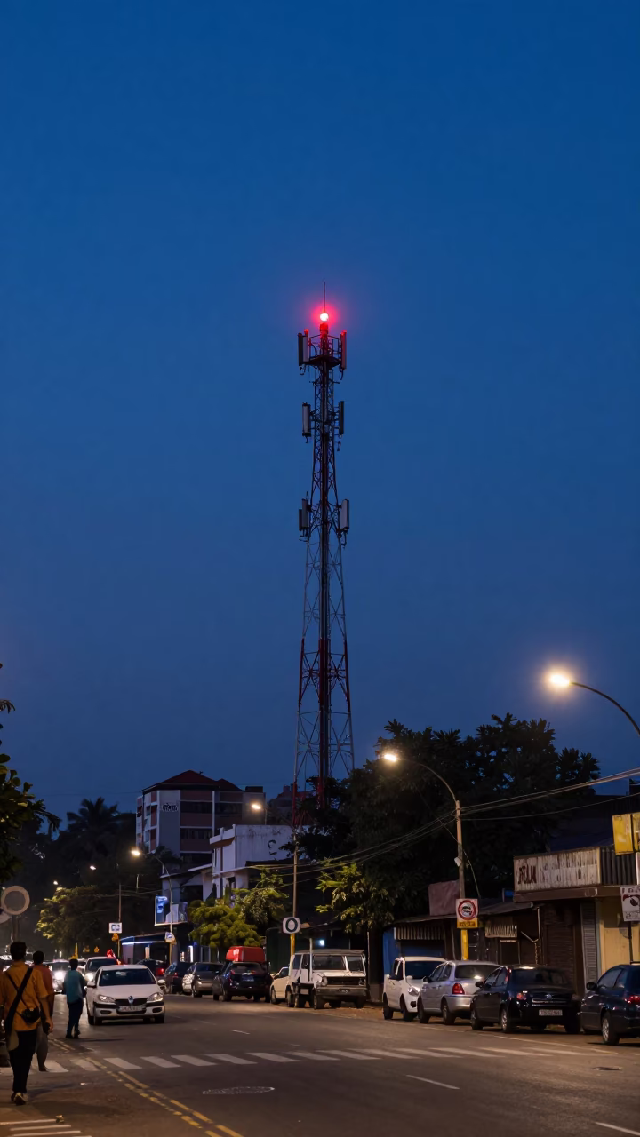 Blue Hour Street Scene in Chennai India with Red Beacon and Urban Horizon in in Chennai, India