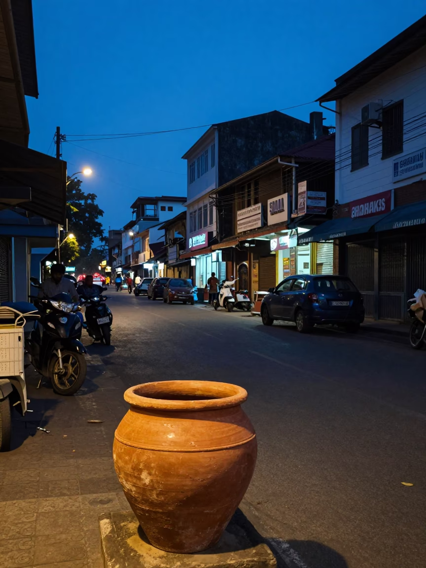 Blue Hour Street Scene in Chennai India with Terracotta Pot and Local Life in in Chennai, India