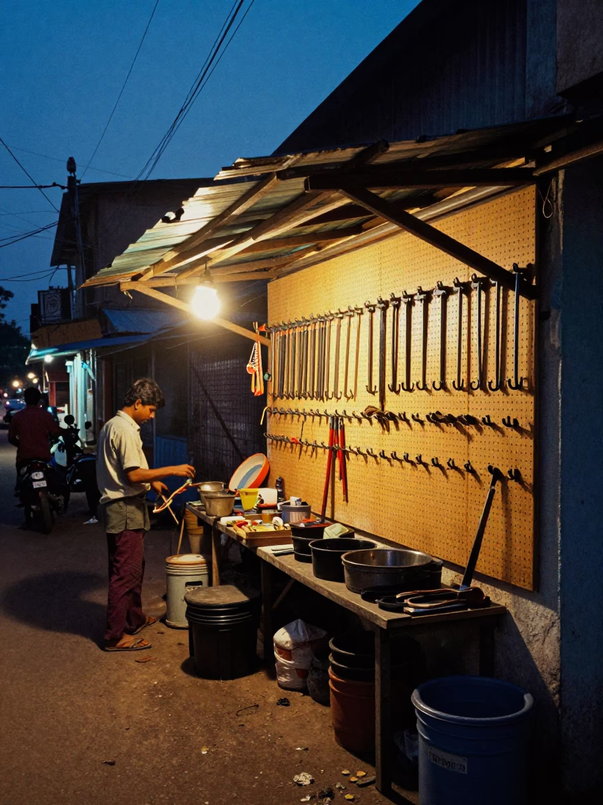 Blue Hour Street Scene in Chennai India with Tool Hooks and Local Life in in Chennai, India