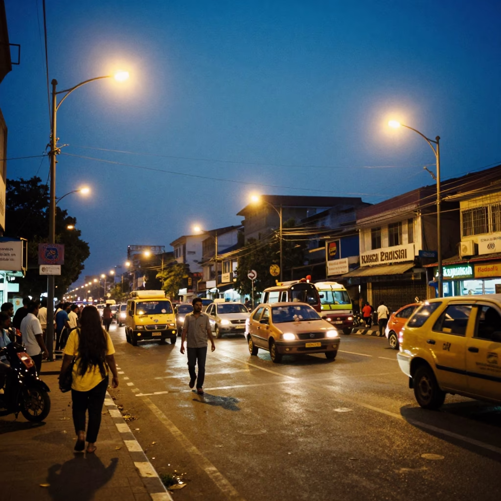 Blue Hour Street Scene in Chennai India with Traffic and Pedestrians in in Chennai, India