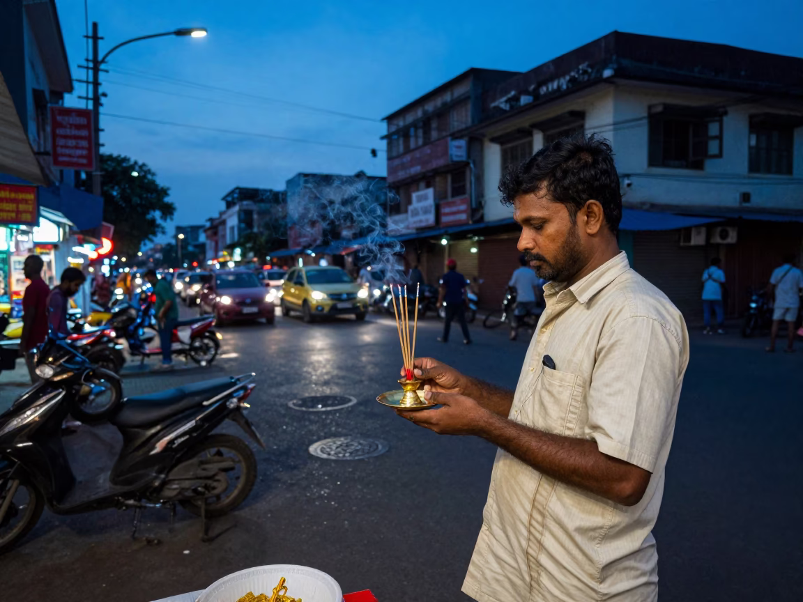 Blue Hour Street Scene in Chennai India with Vendor and Incense Holder in in Chennai, India